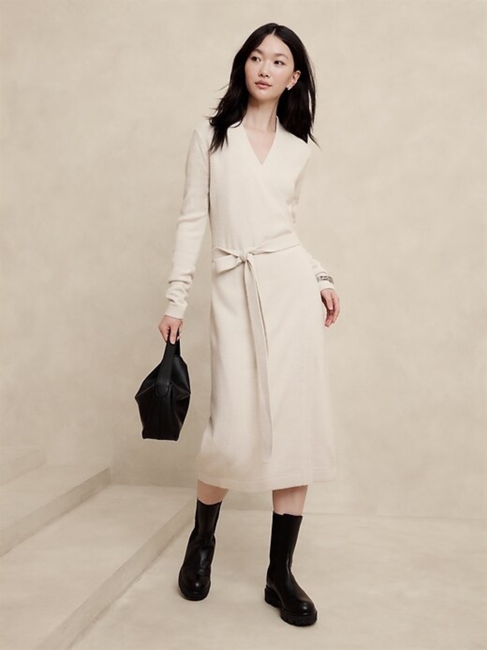 Banana Republic Ivory Wrap Sweater Midi Dress with Self-Tie